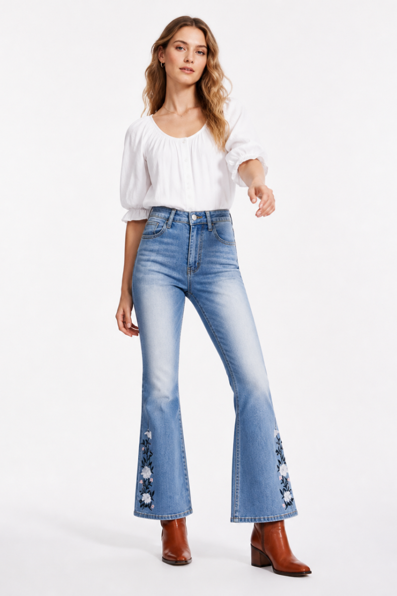 Women's High Waist Floral Embroidered Flare Jeans