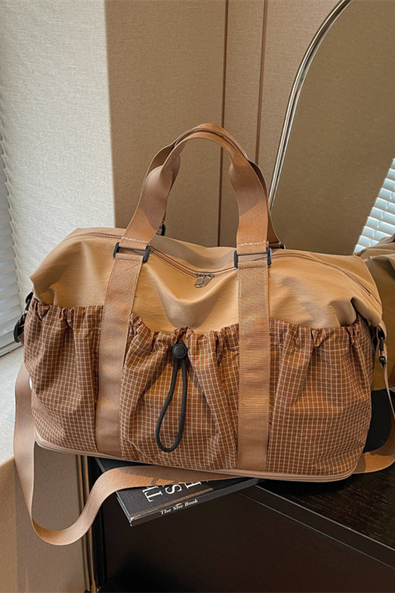 Plaid Drawstring Pocket Expandable Travel Duffle Bag
