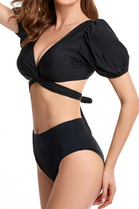 Women's Puffed Sleeve Knot Detachable Twist-Front Bikini Set