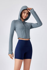 Women Hooded Drawstring Short Slim Outdoor Sports Fitness Yoga Jacket