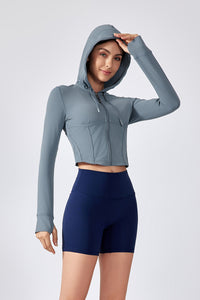 Women Hooded Drawstring Short Slim Outdoor Sports Fitness Yoga Jacket