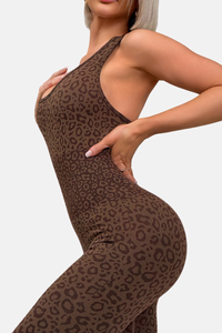 Women's Leopard Print Square Neck Crisscross Back Jumpsuit