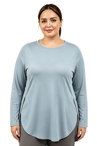 Plus Size Women's Fall Side Slit Curved Hem Long Sleeve Top