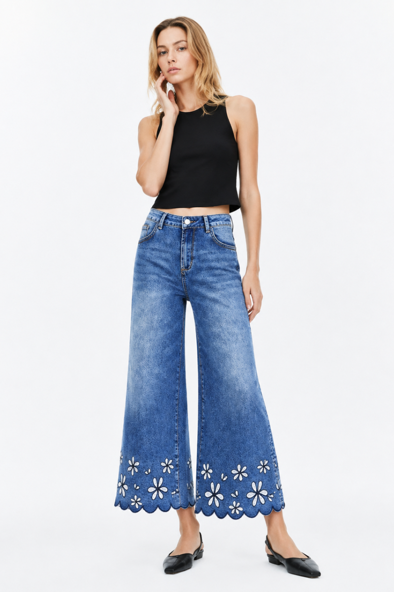 Women's High Waist Floral Embroidered Wide Leg Jeans