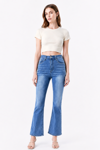 Women's High Waist Stretch Embroidered Pockets Flare Jeans
