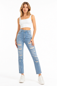 Women's High Waist Distressed Ripped Stretch Jeans