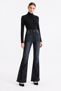 Women's High Waist Flare Jeans with Side Pearl Details