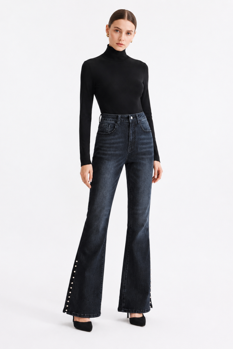 Women's High Waist Flare Jeans with Side Pearl Details