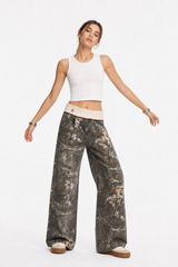 Women's Vintage High Waist Wash Camo Print Wide Leg Jeans