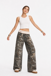 Women's Vintage High Waist Wash Camo Print Wide Leg Jeans