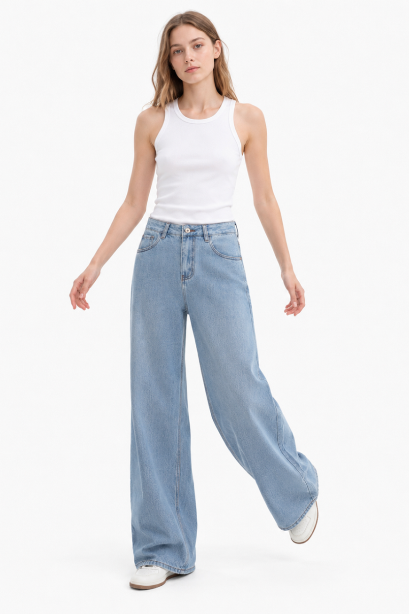 Women's 100% Cotton High Waist Wash Wide Leg Jeans