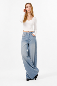 Women's 100% Cotton Mid Waist Wash Wide Leg Jeans