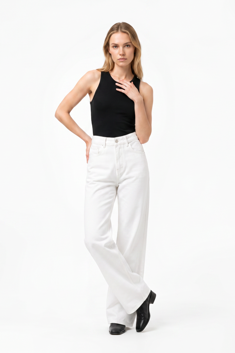 Women's Fall 100% Cotton Pure White Wide Leg Jeans