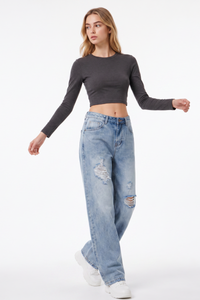 Women's Fall High Waist Ripped Straight Leg Jeans