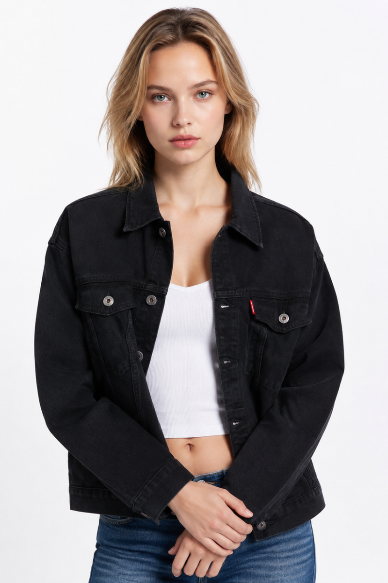 Women’s Black Button Front Chest Pocket Denim Jacket