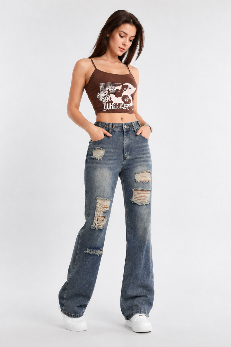 Women's High Waist Distressed Straight Leg Jeans