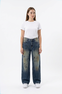 Women's Vintage Wash High Waist Straight Wide Leg Jeans