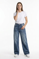 Women's 100% Cotton Distressed High Waist Wide Leg Jeans