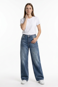 Women's 100% Cotton Distressed High Waist Wide Leg Jeans