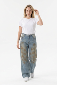 Women's Multi-Layer Dirty Wash High Waist Wide Leg Jeans