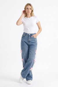 Women's High Waist Bow & Pearl Chain Detail Jeans
