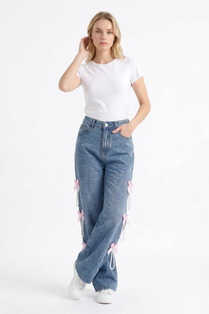 Women's High Waist Bow & Pearl Chain Detail Jeans