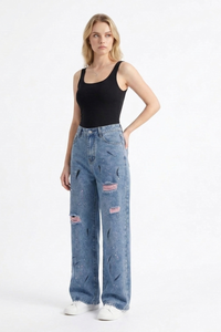 Women's High Waist Graffiti Ripped Wide Leg Jeans