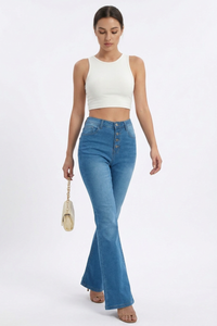 Women's Retro High-Waisted Button-Fly Flare Jeans