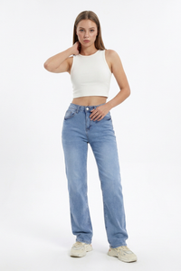 Women's Vintage Mid Waist Stretch Straight Leg Jeans