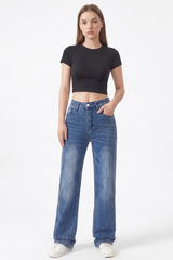 Women's Classic Blue Washed Mid Waist Straight Leg Jeans