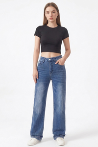 Women's Classic Blue Washed Mid Waist Straight Leg Jeans