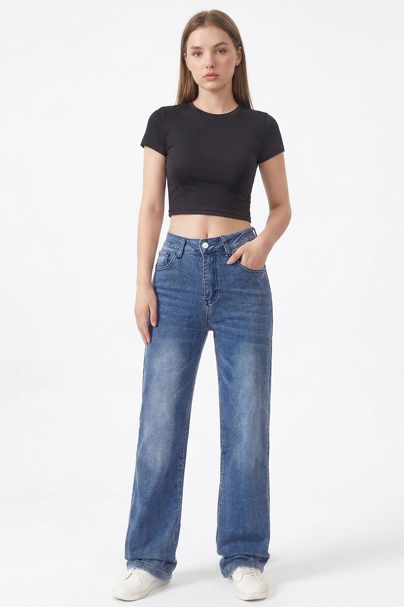 Women's Classic Blue Washed Mid Waist Straight Leg Jeans