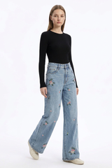Women's Fall Vintage Embroidered Flowers Wide Leg Jeans