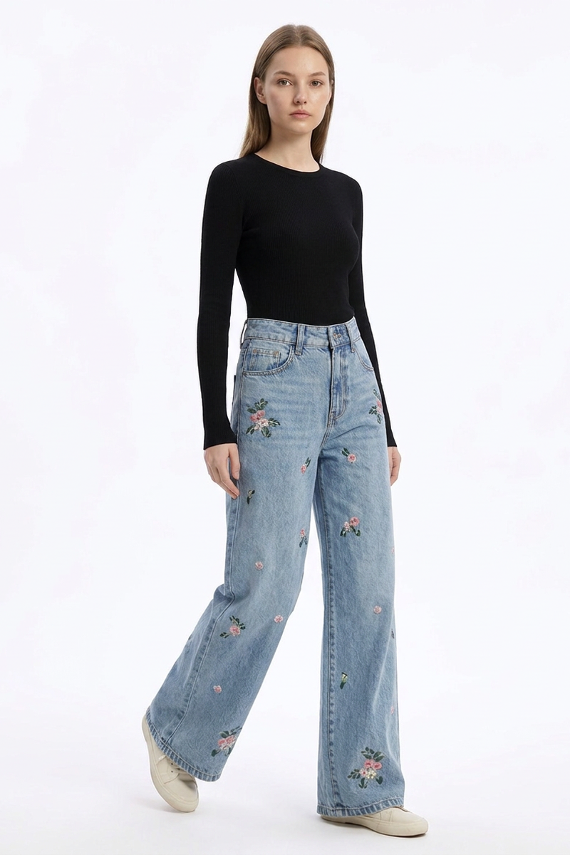 Women's Fall Vintage Embroidered Flowers Wide Leg Jeans