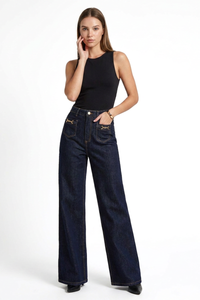 Women's Fall Front Pocket High Waist Stretch Wide Leg Jeans