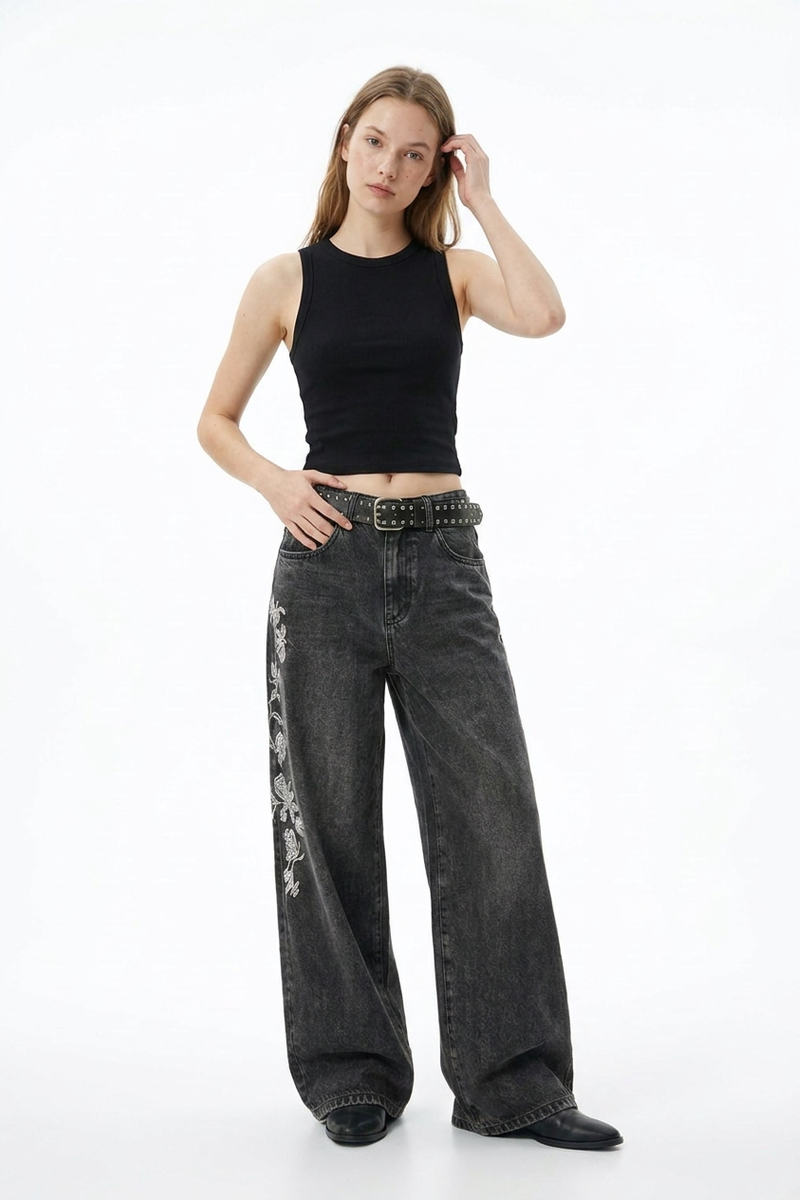 Women's Floral Embroidered Stretch Wide Leg Jeans