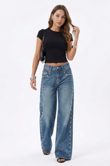 Women's Fall Studded Side Wide Leg Jeans
