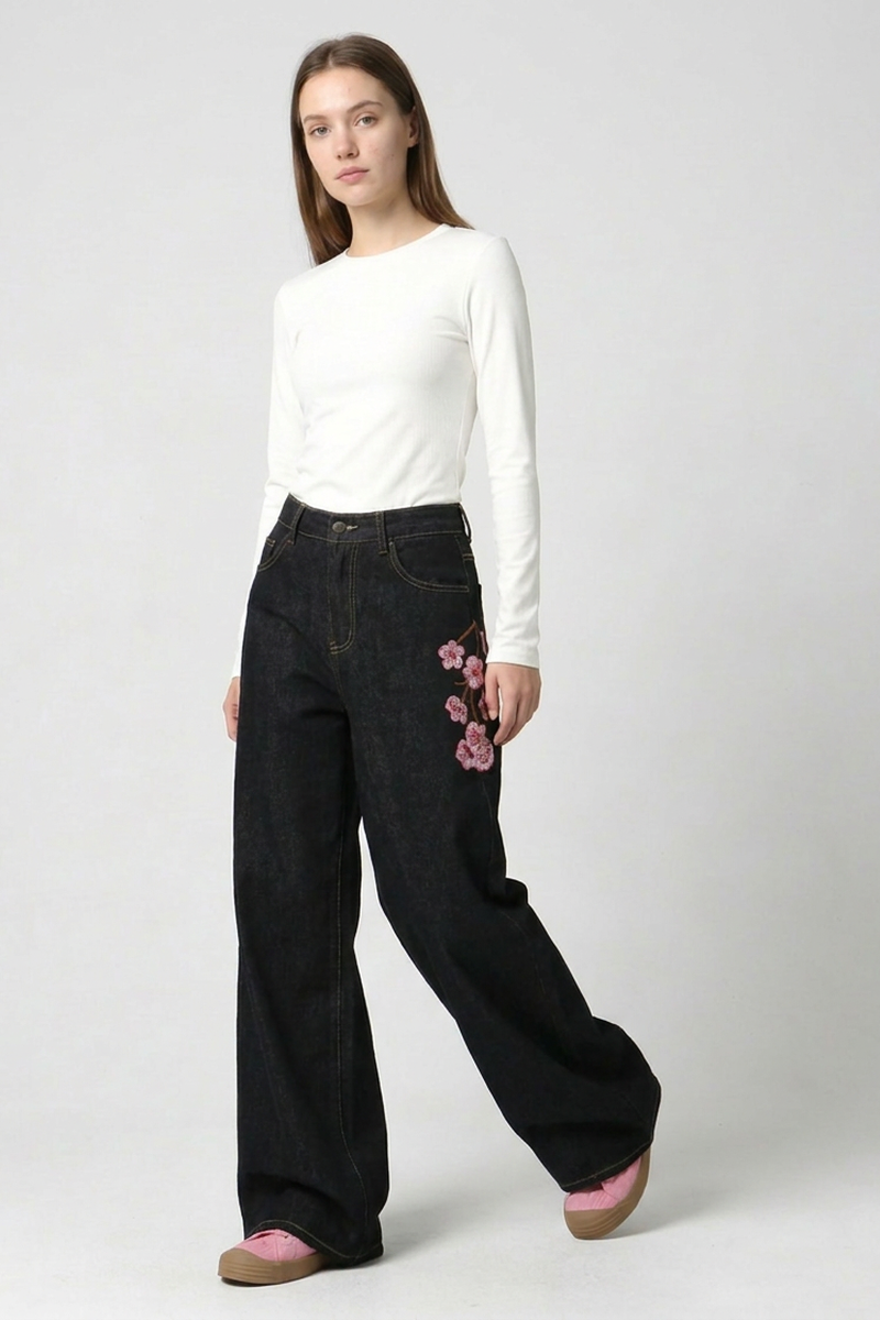 Women's Fall Side Floral Embroidered Wide Leg Jeans