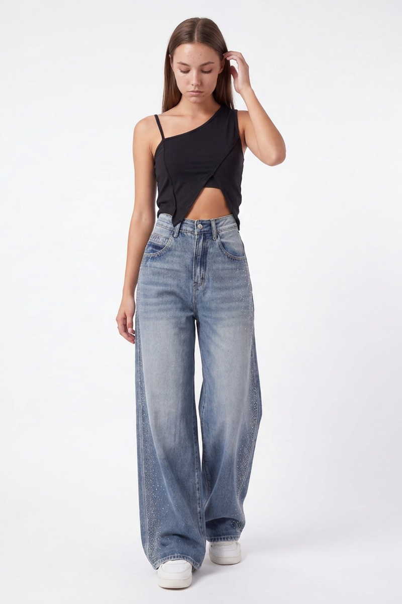 Women's Fall Side Hotfix Rhinestone Embellishment Jeans
