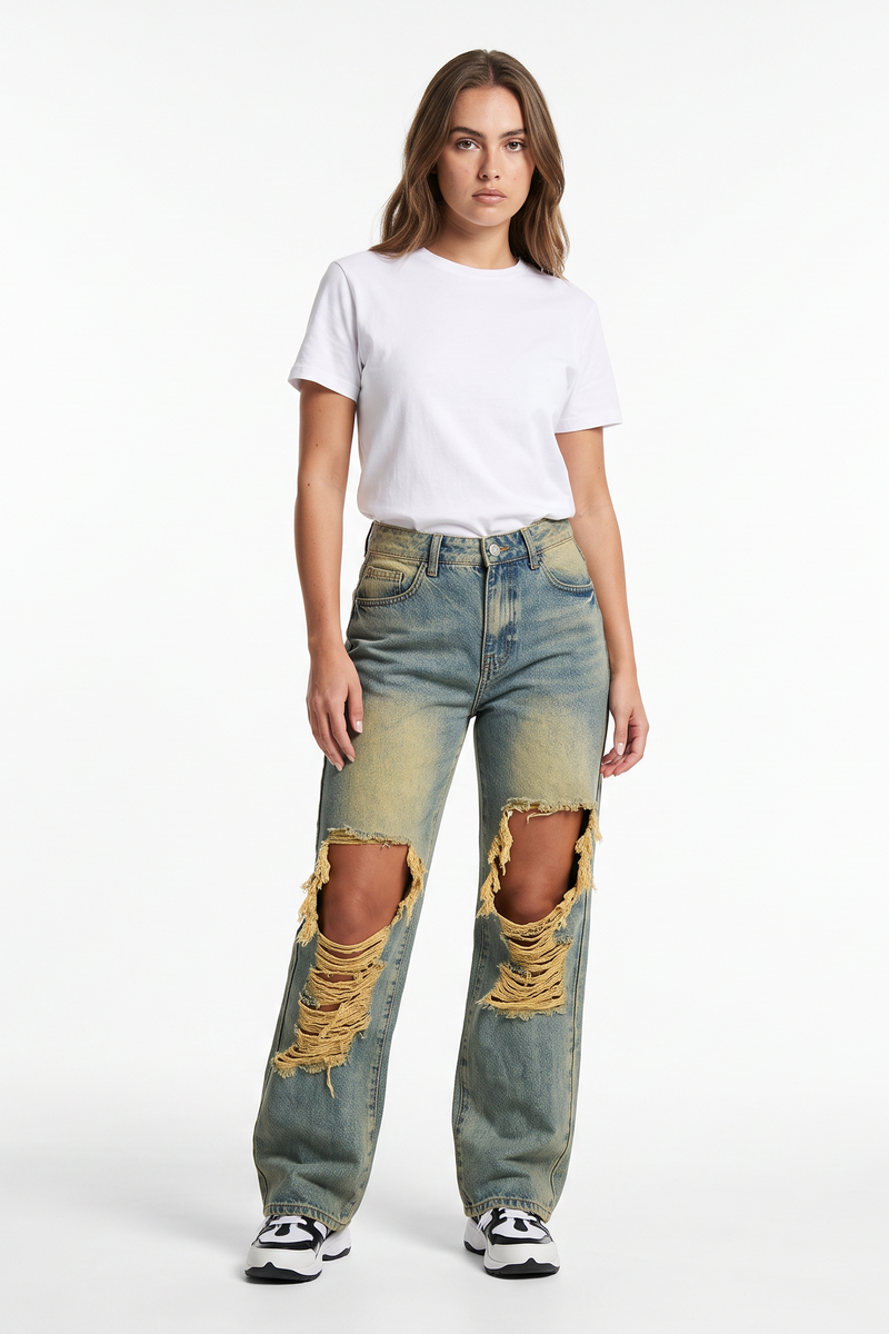 Women's Fall Distressed Ripped Knees & Frayed Wide Leg Jeans