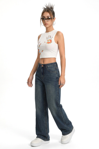 Women's Vintage Washed Mid Waist Loose Wide Leg Jeans