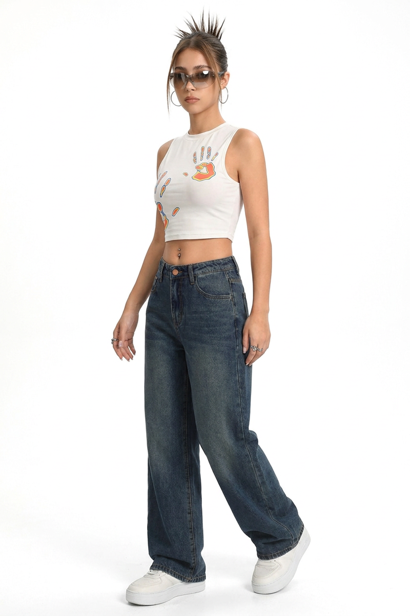 Women's Vintage Washed Mid Waist Loose Wide Leg Jeans