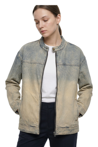 Women's Washed Stand Collar Zip-Up Vintage Denim Jacket