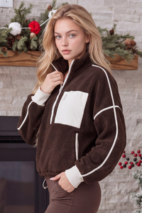 Women's Fall Half Zip Stand Block Drawstring Hem Sweatshirts