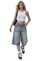 Women's Rhinestone High-Waisted Denim Bermuda Shorts