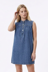 Women's Blue Half-Button Sleeveless Mini Denim Dress