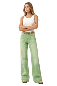 Women's Green Vintage Wash High-Waisted Wide-Leg Jeans