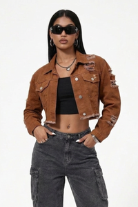 Women's Streetwear Distressed Raw Edge Cropped Denim Jacket