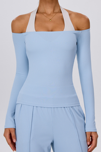 Women's Off Shoulder Breathable Ribbed Yoga Long Sleeve Top