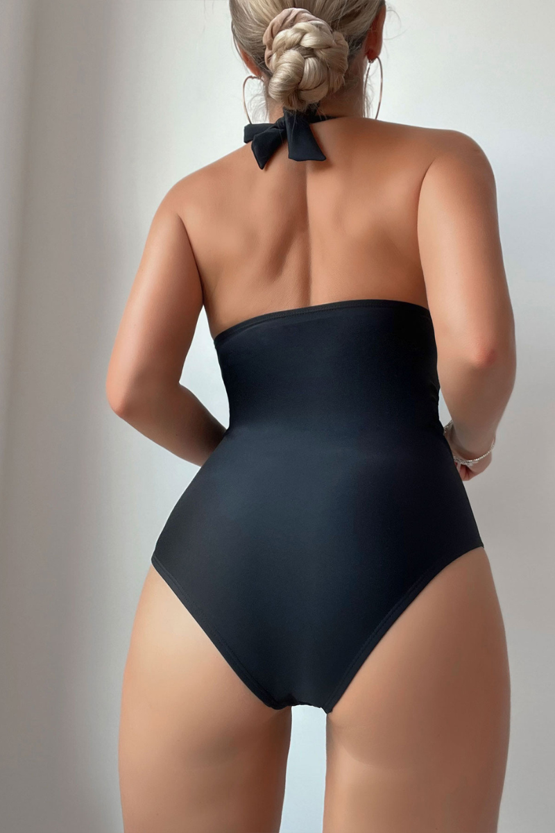 Women's Halter V-Neck Twist Front Mesh Panel Swimsuit